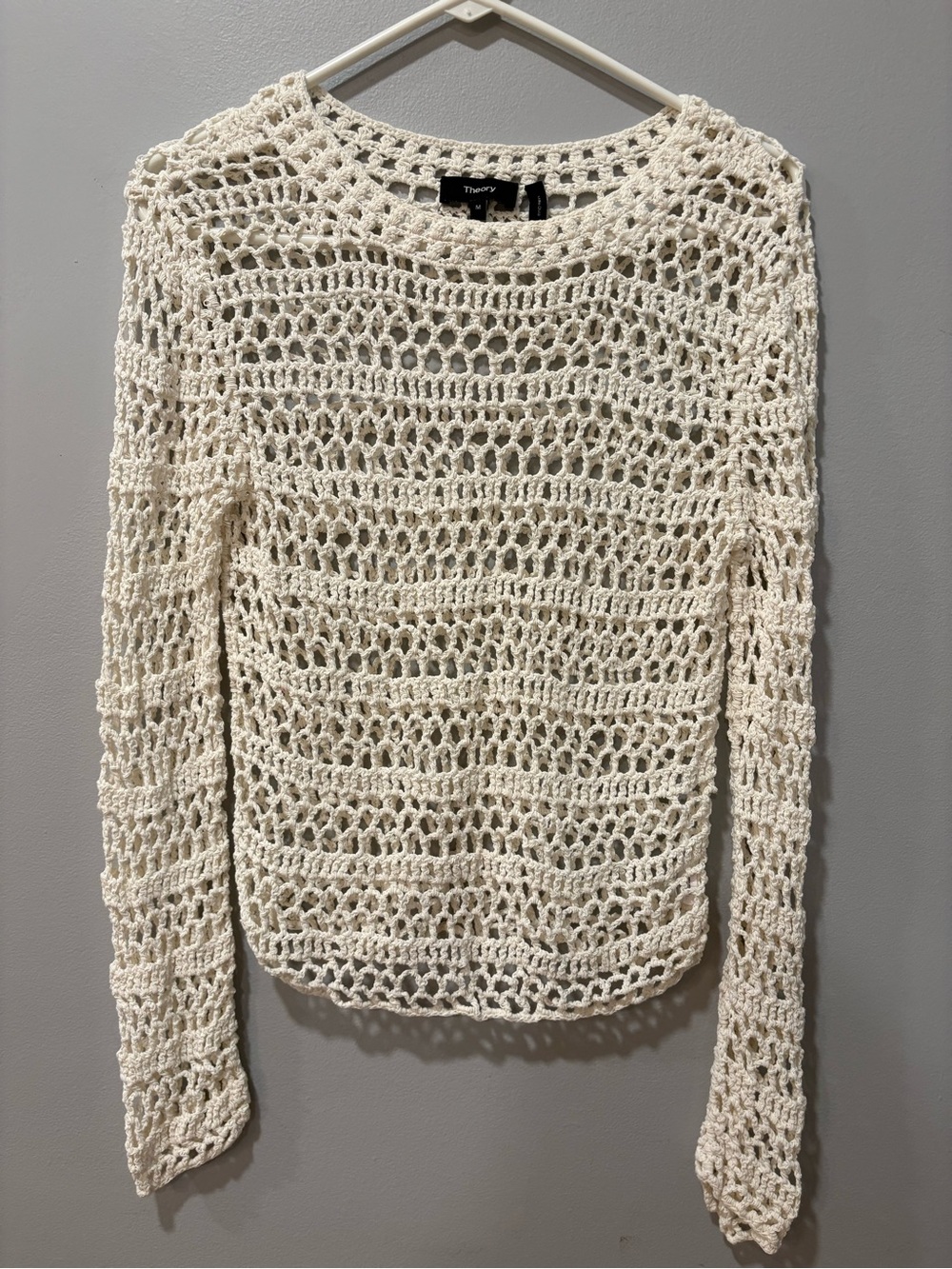 Theory Cream Open-Weave Crochet Crewneck Sweater